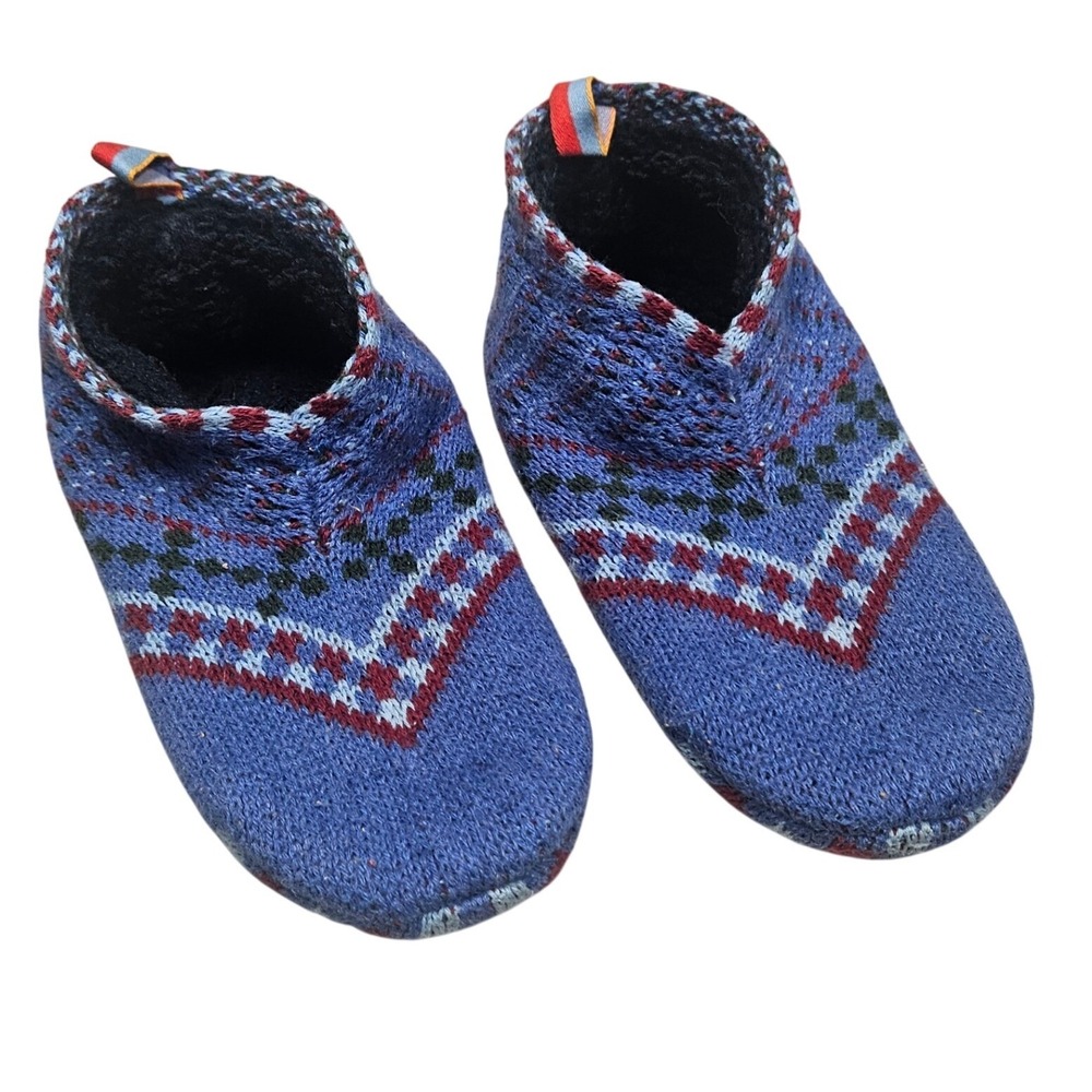 Bombas‎ Gripper Slippers Youth 1-5 Blue Fair Isle Knit Non-Slip House Shoes Cozy